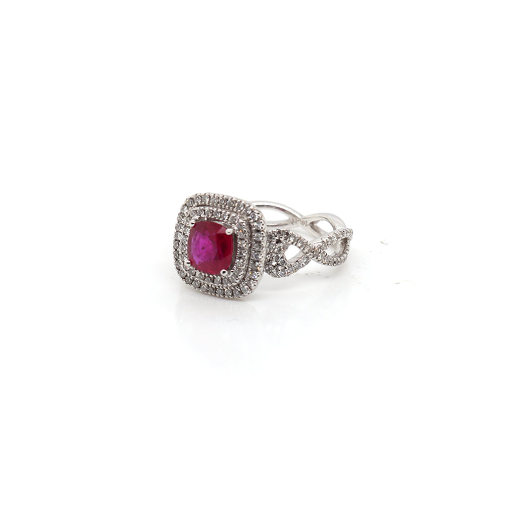 18k White Gold Ruby Ring with Double Halo