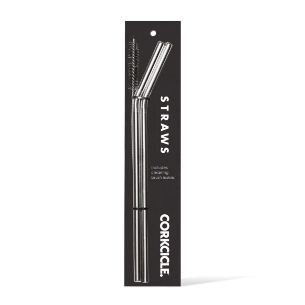 Packaged Corkcicle stainless straws with a cleaning brush included, branded as Corkcicle on a white background.