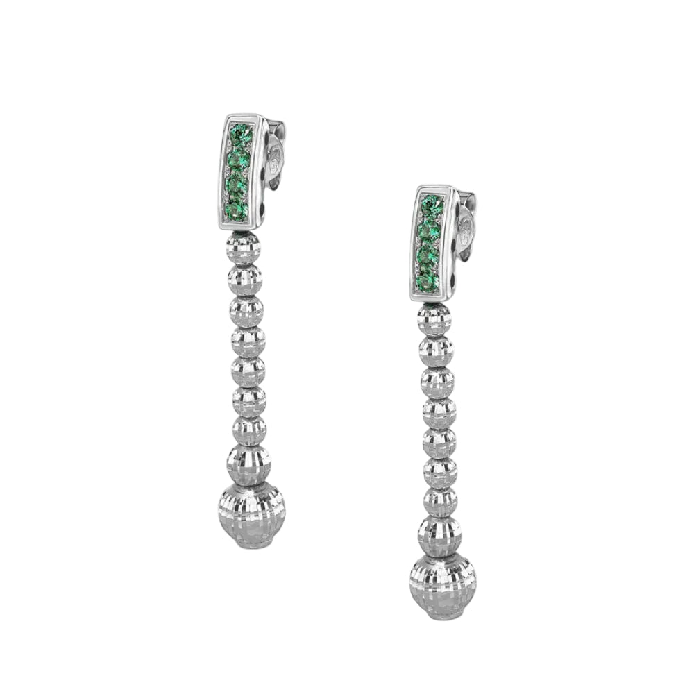 Pair of silver earrings with green gemstones on a white background