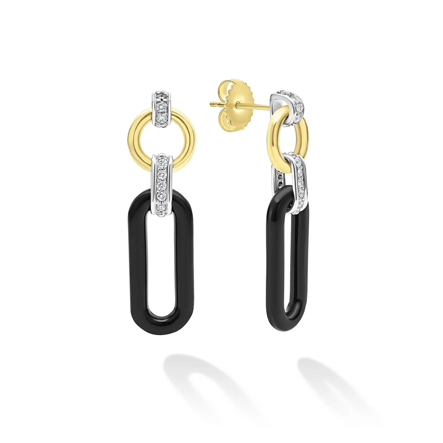 Lagos Signature Caviar 18k Gold and Black Ceramic Diamond Link Drop Earrings