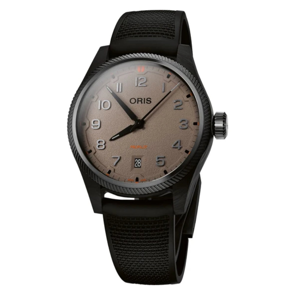 An Oris Pulsar watch featuring a black case, black textured strap, and a warm taupe-beige dial with black Arabic numerals and orange accents.