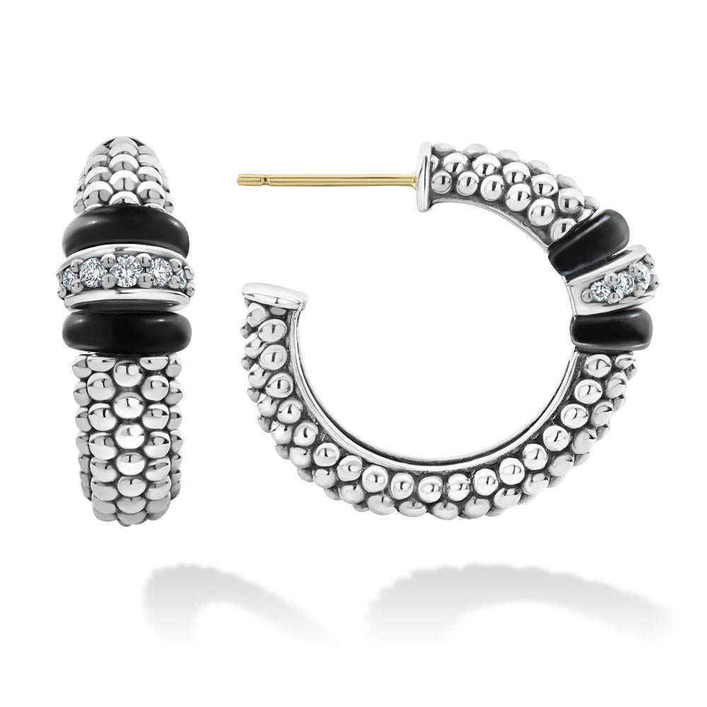 Lagos SS Ceramic Caviar Diamond Hoop Earrings