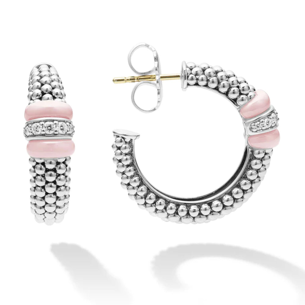 Lagos Pink Caviar Ceramic Caviar Diamond Hoop Earrings