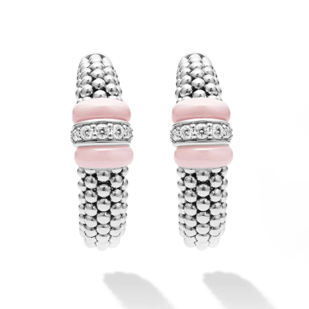 Lagos Pink Caviar Ceramic Caviar Diamond Hoop Earrings