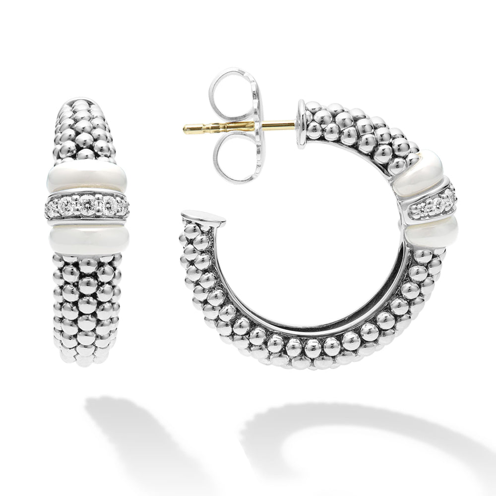 Lagos SS Ceramic Caviar Diamond Hoop Earrings