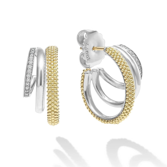 Lagos Caviar Lux Two-Tone Three Ring Diamond Hoop Earrings