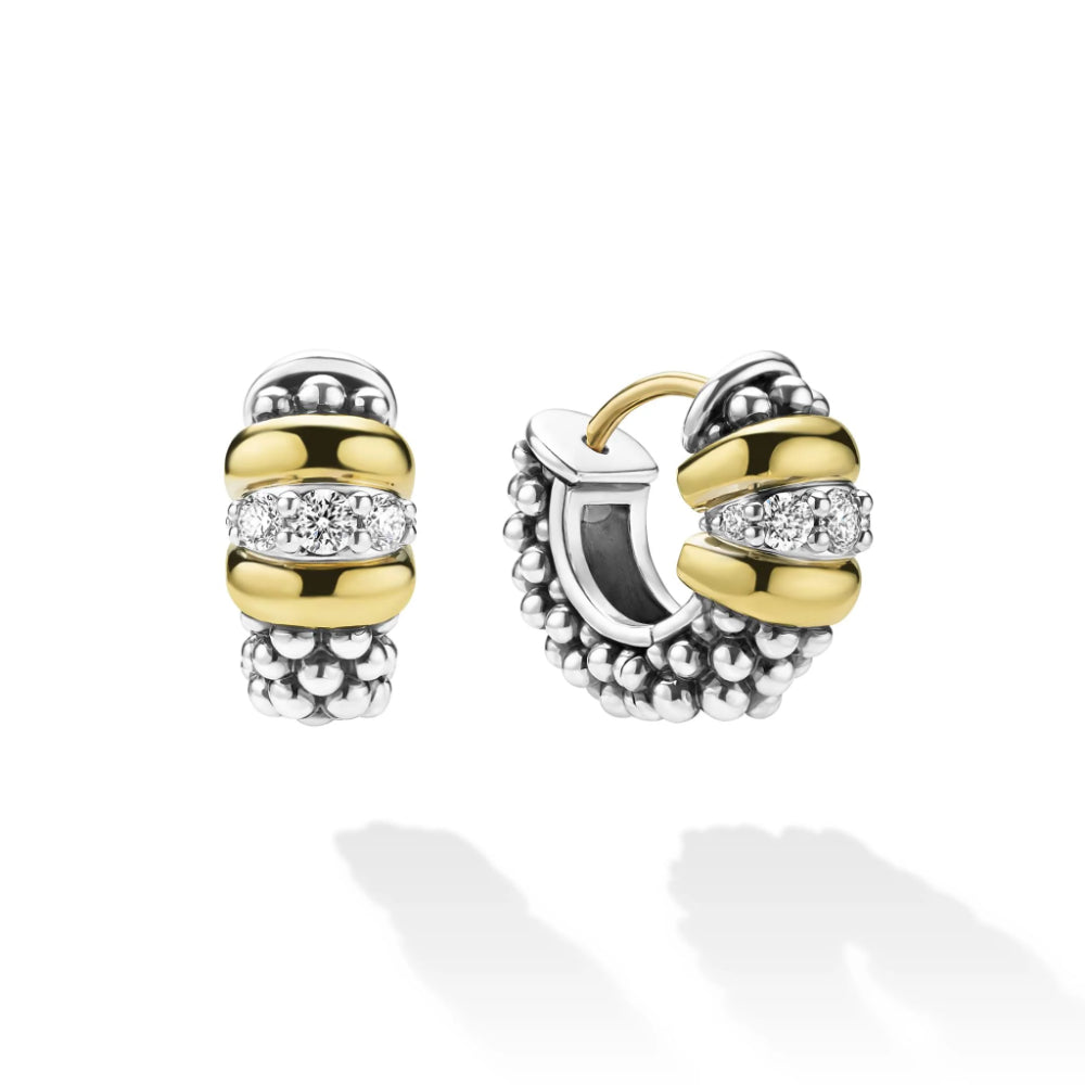 Lagos Signature Caviar Two-Tone Beaded Diamond Huggie Earrings