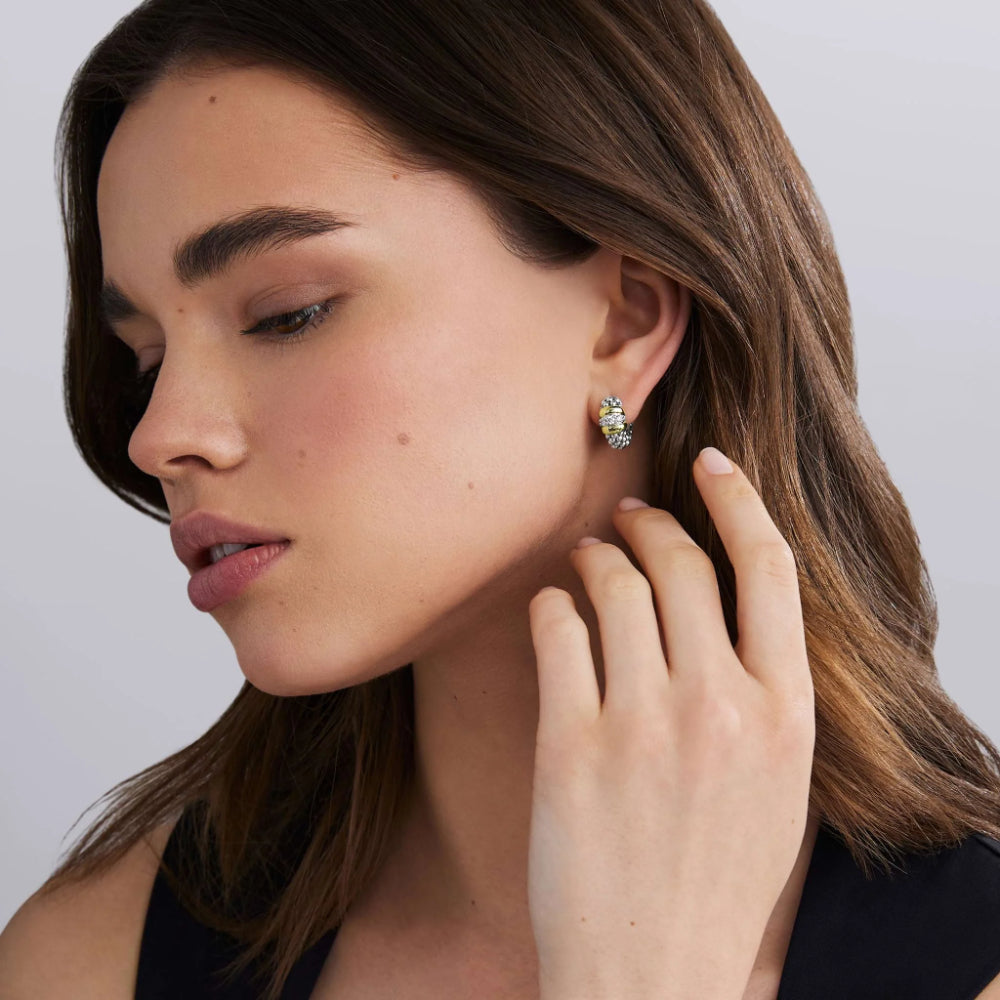 Lagos Signature Caviar Two-Tone Beaded Diamond Huggie Earrings