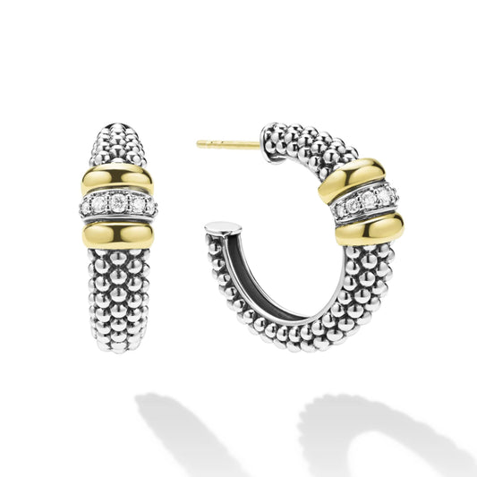 Lagos Signature Caviar Two-Tone Beaded Diamond Hoop Earrings