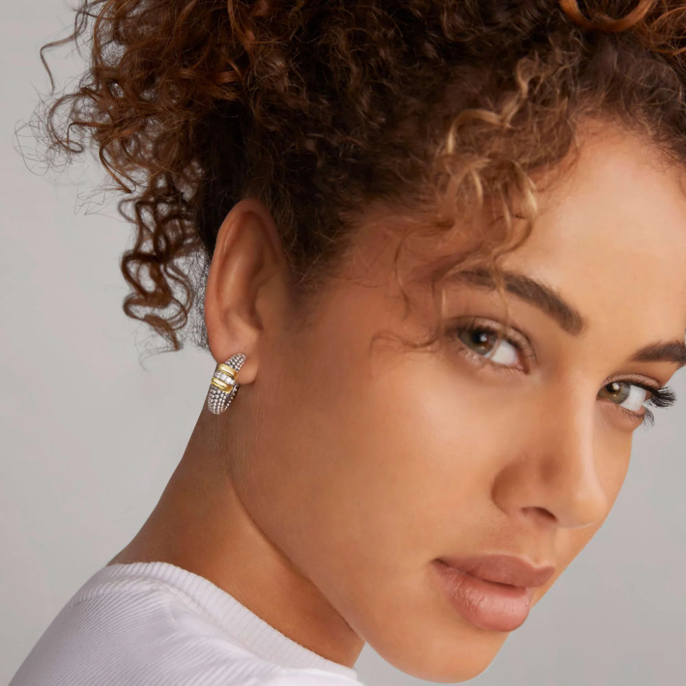 Lagos Signature Caviar Two-Tone Beaded Diamond Hoop Earrings