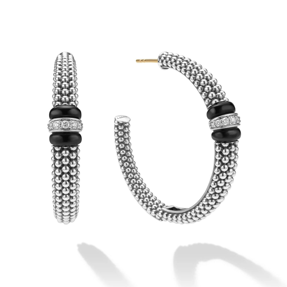 Lagos Black Caviar Large Black Ceramic Diamond Hoop Earrings
