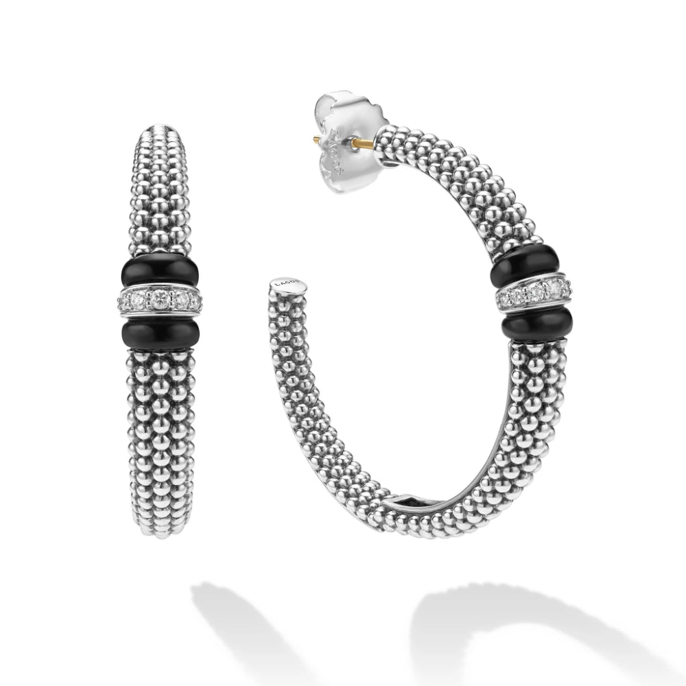 Lagos Black Caviar Large Black Ceramic Diamond Hoop Earrings