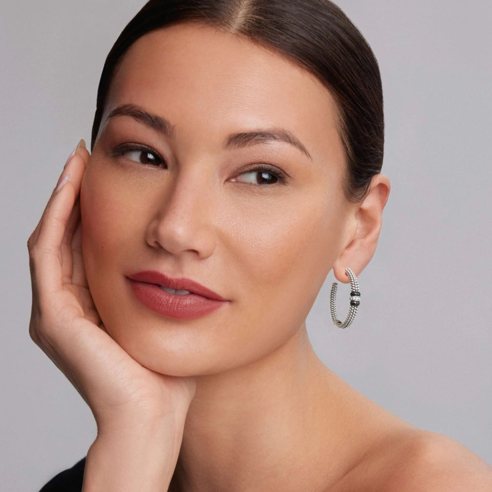 Lagos Black Caviar Large Black Ceramic Diamond Hoop Earrings