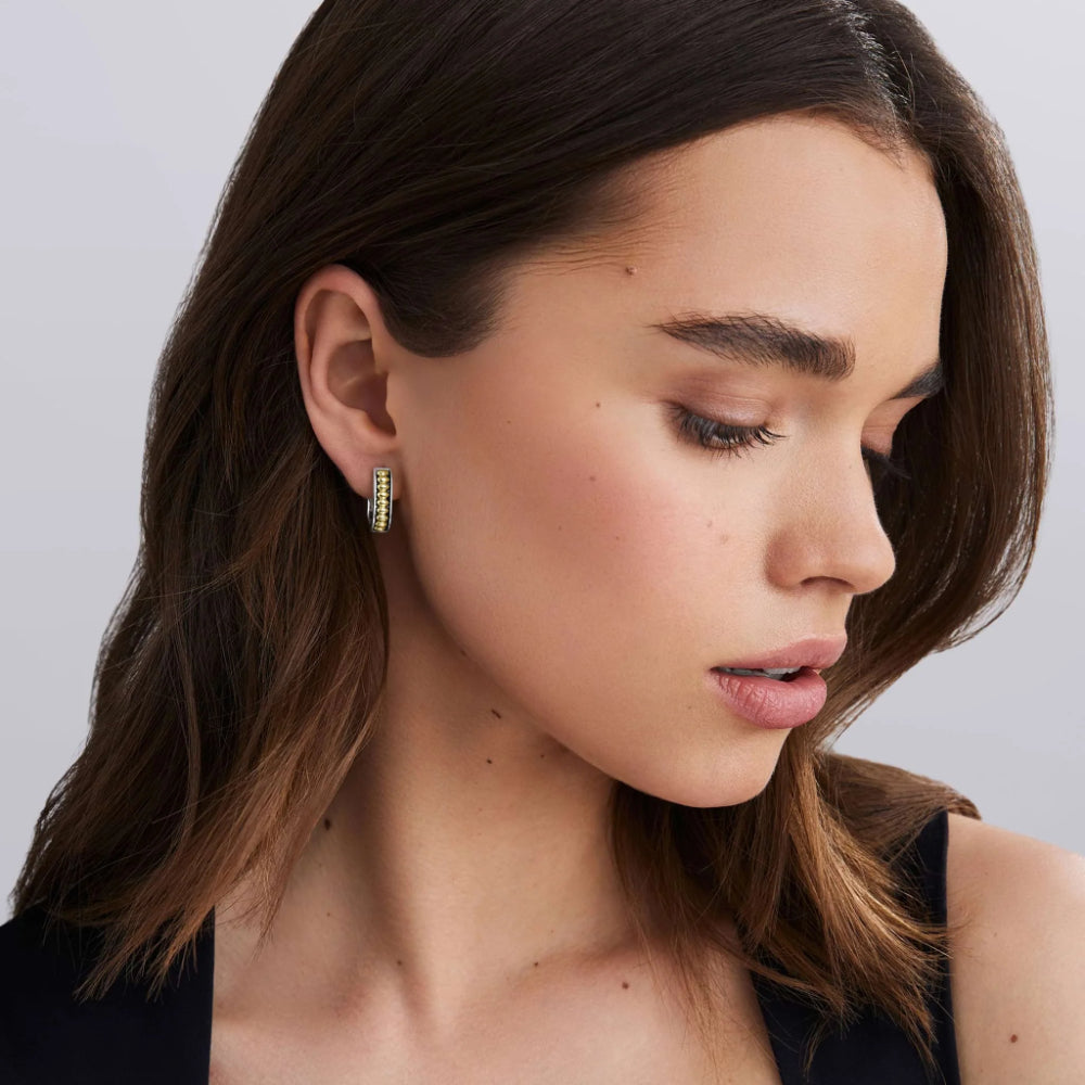 Lagos Signature Caviar Two-Tone Linear Huggie Earrings