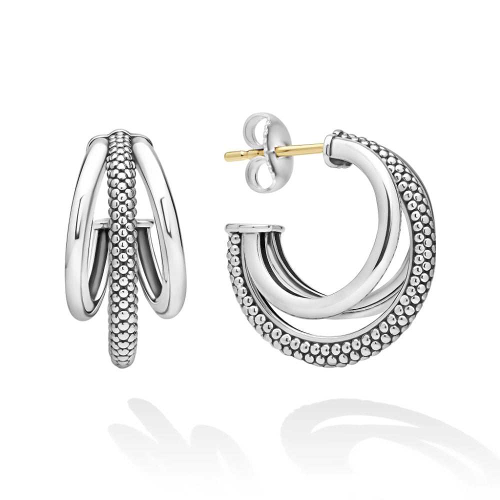Signature Caviar Sterling silver three hoop huggie earrings - Three connected hoops combined smooth polished surfaces and beaded