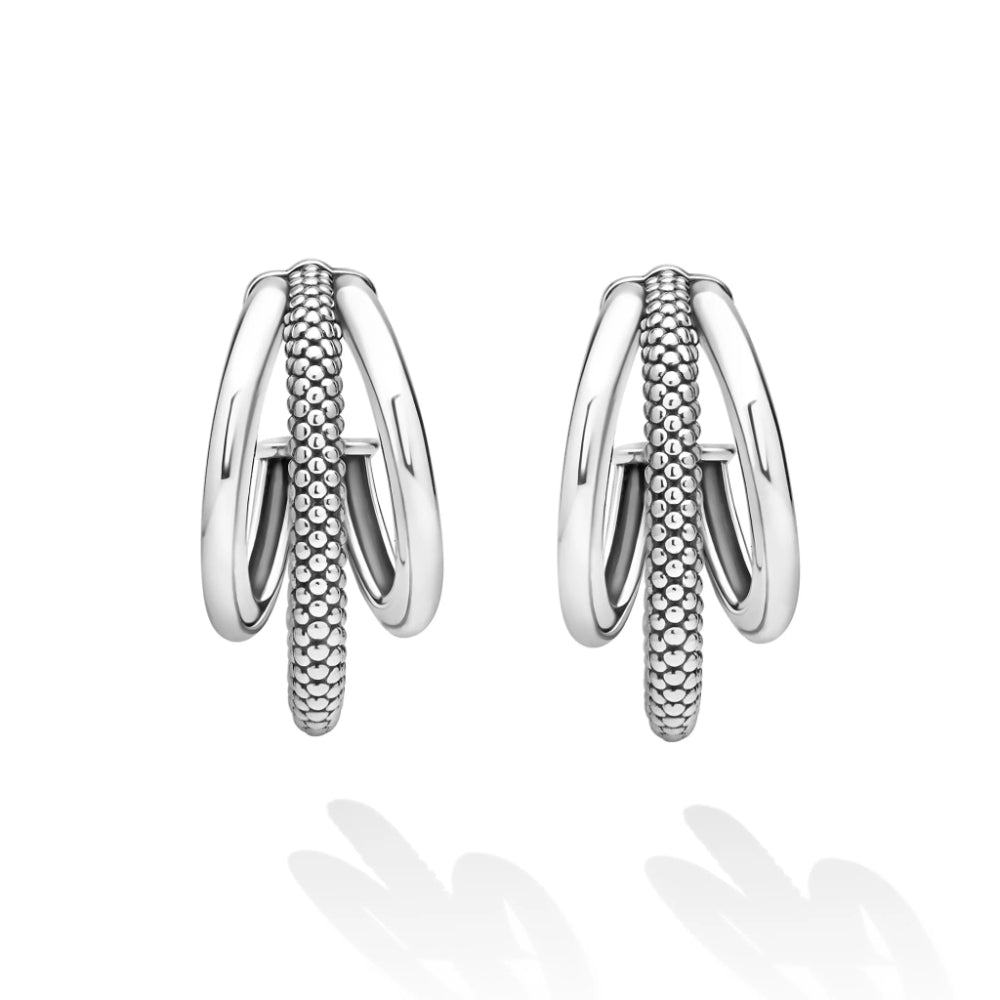 Pair of sterling silver earrings with three hoops; smooth polished and beaded texture
