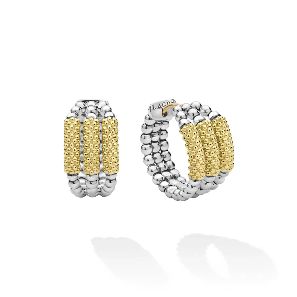 Lagos Caviar Icon Two-Tone Three Ring Gold Bar Huggie Earrings