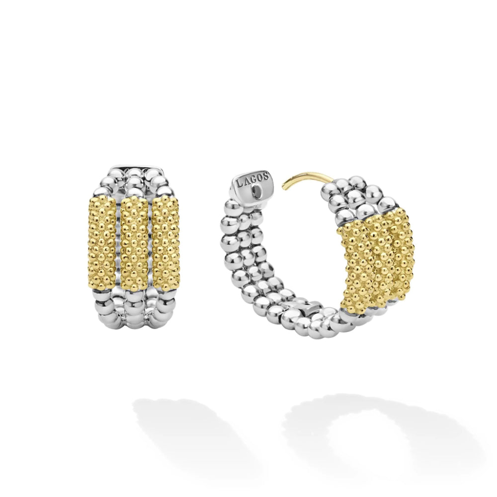 Lagos Caviar Icon Two-Tone Three Ring Gold Bar Huggie Earrings