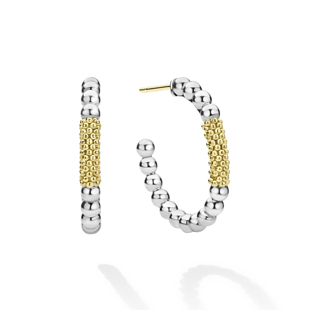 Pair of hoop earrings with alternating  18 k gold and  sterling silver beads 