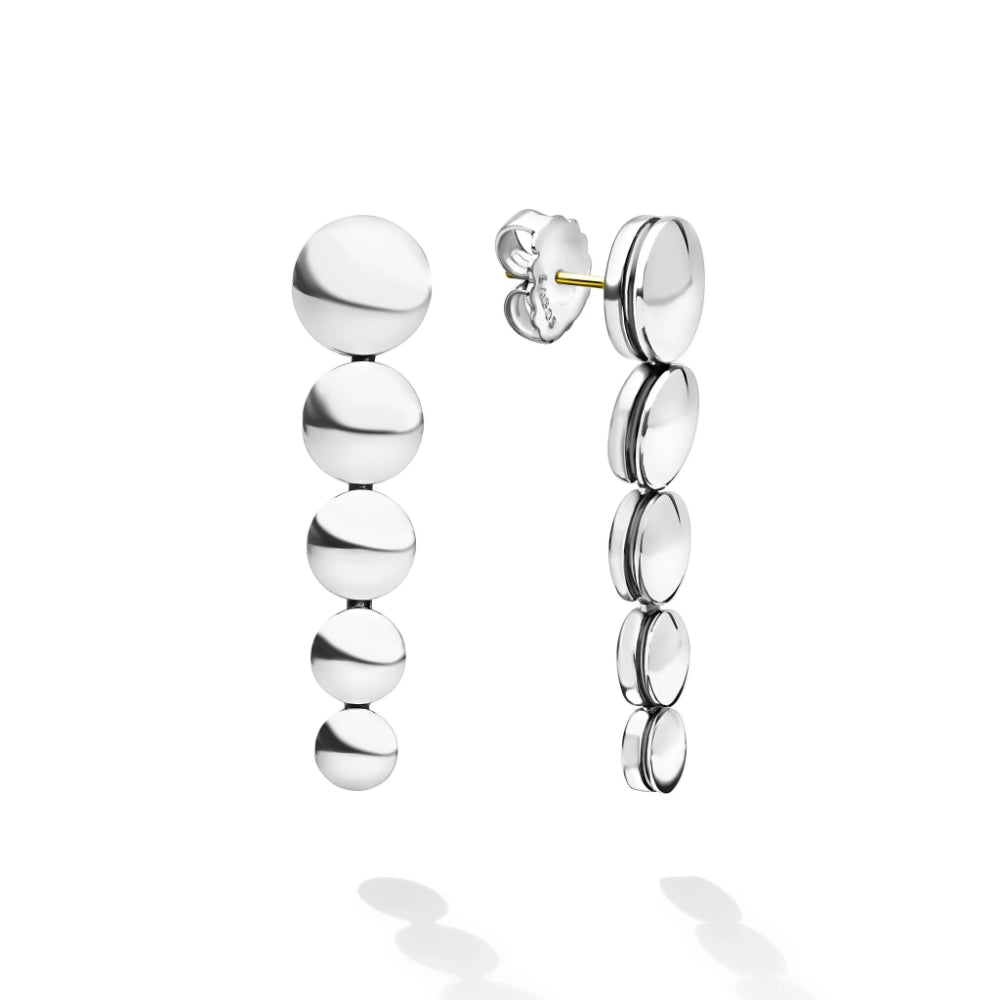 A pair of silver drop earrings with a series of polished spherical beads on one earring and a matching earring shown from the side on a clean white background.