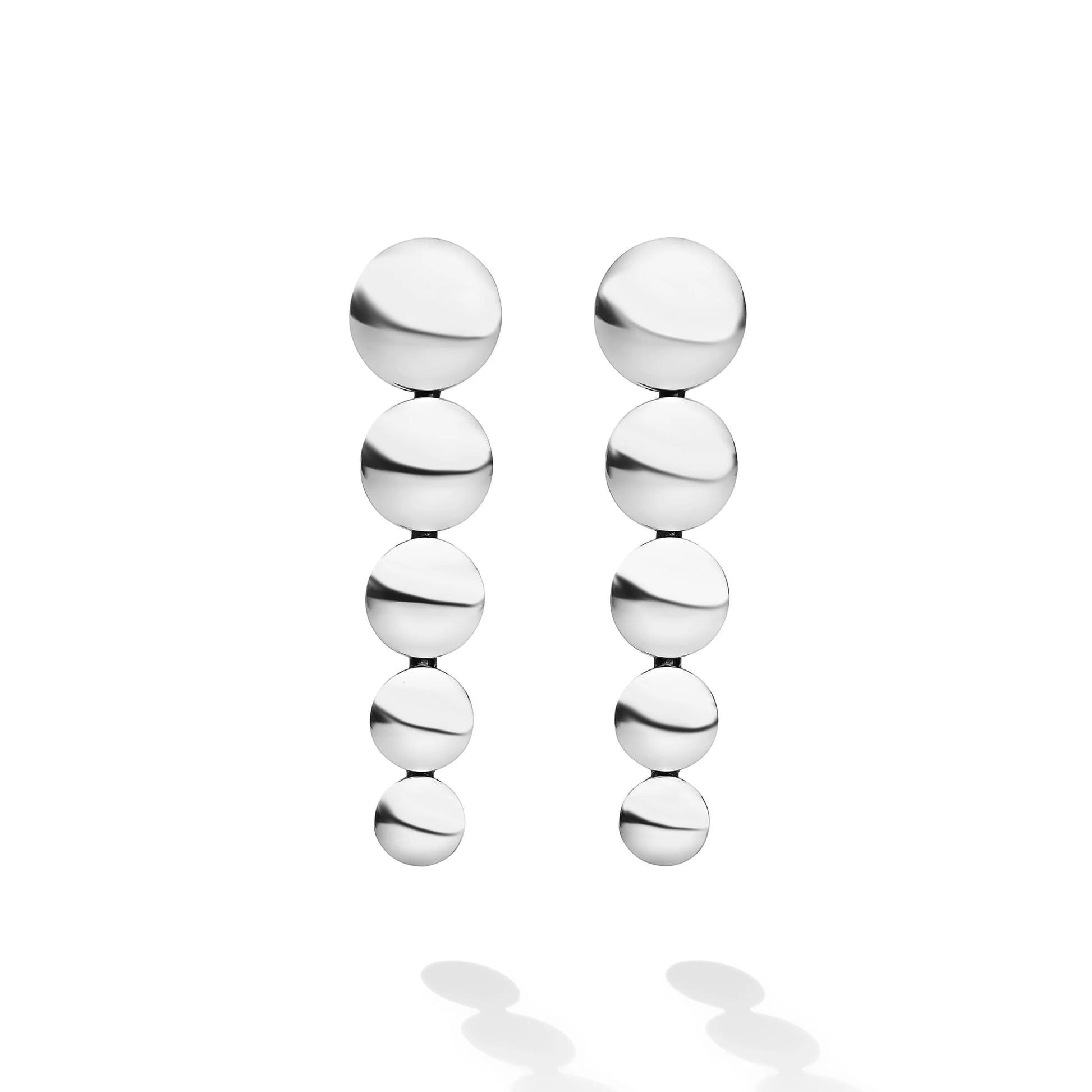 A pair of silver drop earrings with a series of polished spherical beads on   a clean white background.
