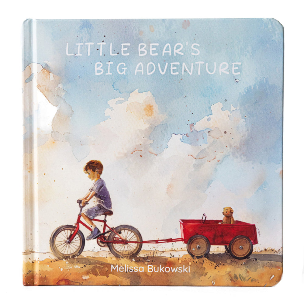 Book cover of 'Little Bear's Big Adventure' by Melissa Bukowski with a boy on a bike and a red wagon with a bear inside.