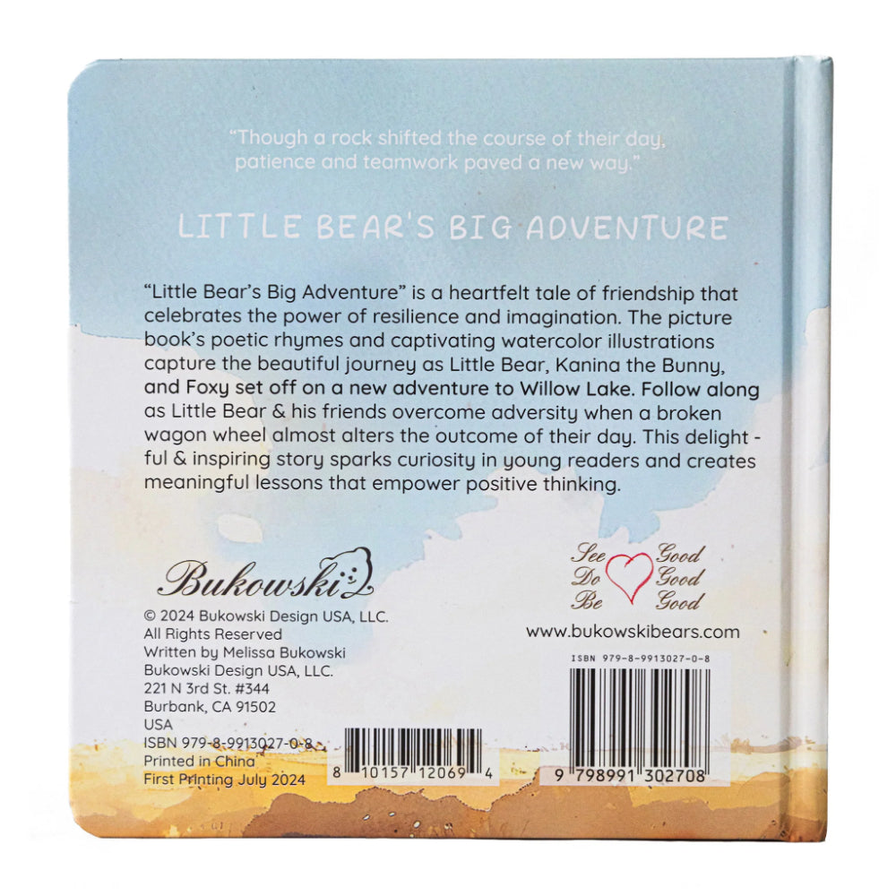 Photo of the back of a book cover of 'Little Bear's Big Adventure' by Melissa Bukowski with a boy on a bike and a red wagon with a bear inside.