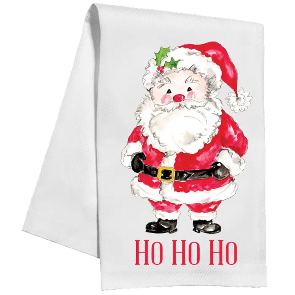 A white kitchen towel featuring a watercolor illustration of a smiling Santa Claus with the text 'Ho Ho Ho' printed below in red.