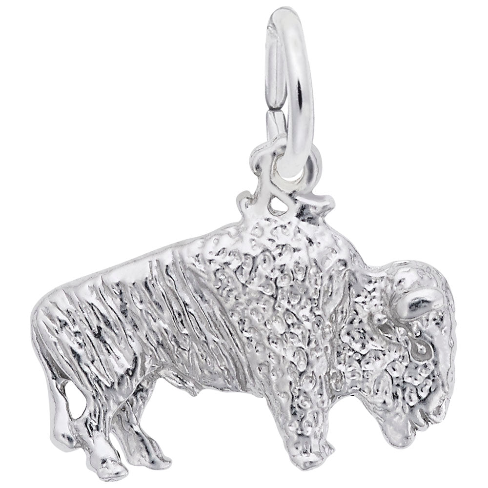 Silver buffalo shaped charm with a textured finish shown on a white background