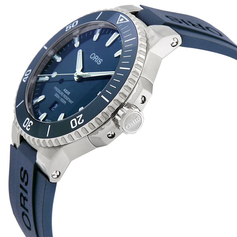 Oris watch with blue strap and face on a white background
