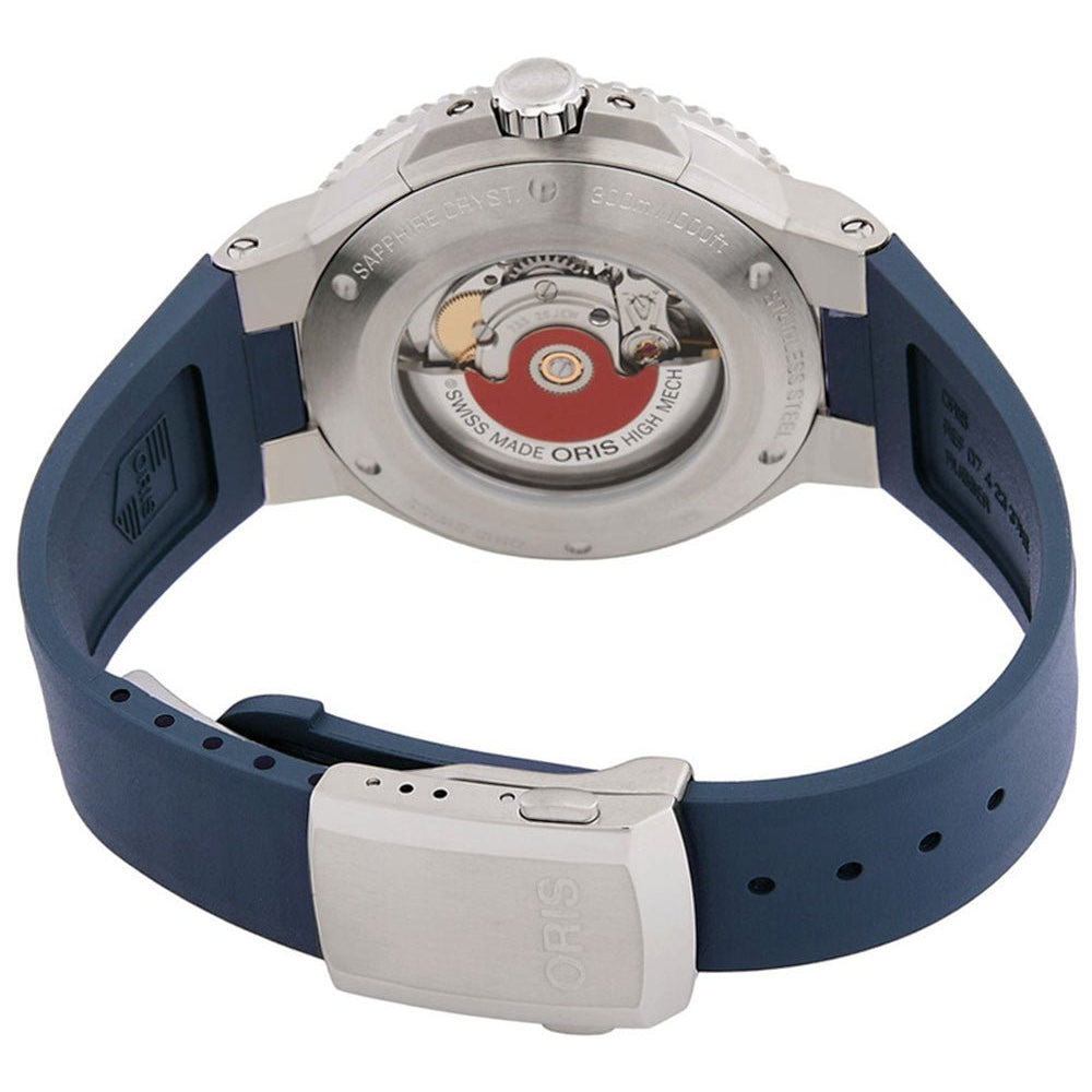 Back view of a watch with blue strap and visible mechanism on a white background