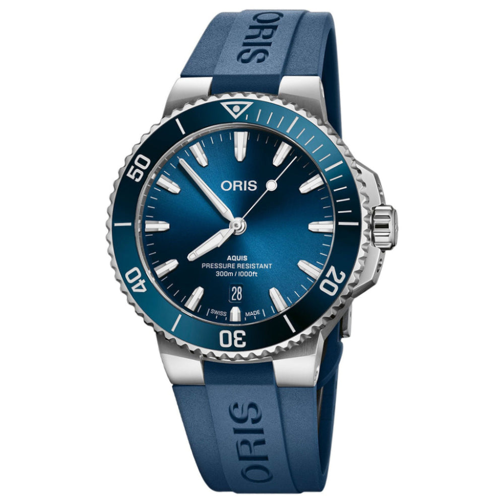 Oris watch with blue strap and face on a white background