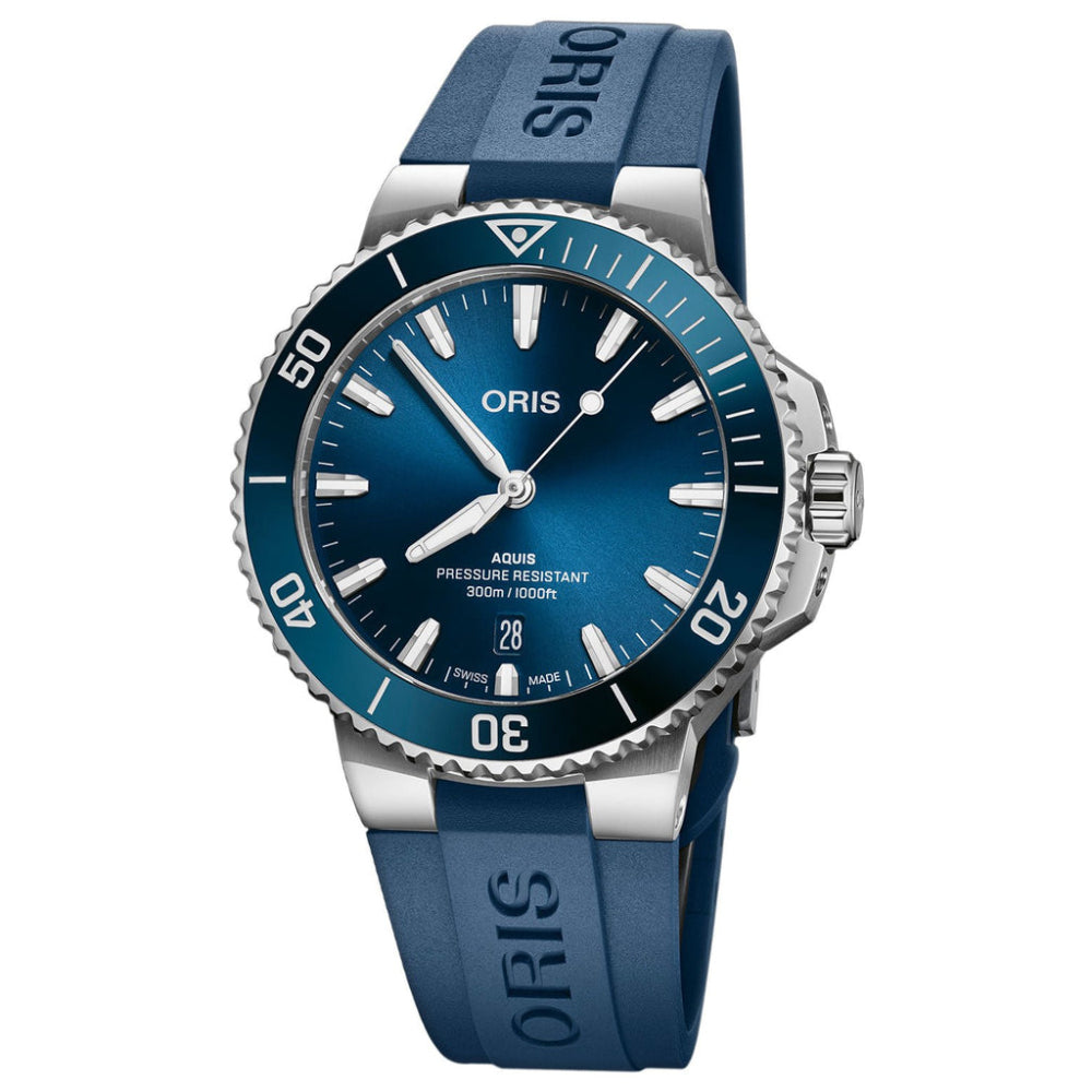 Oris watch with blue strap and face on a white background
