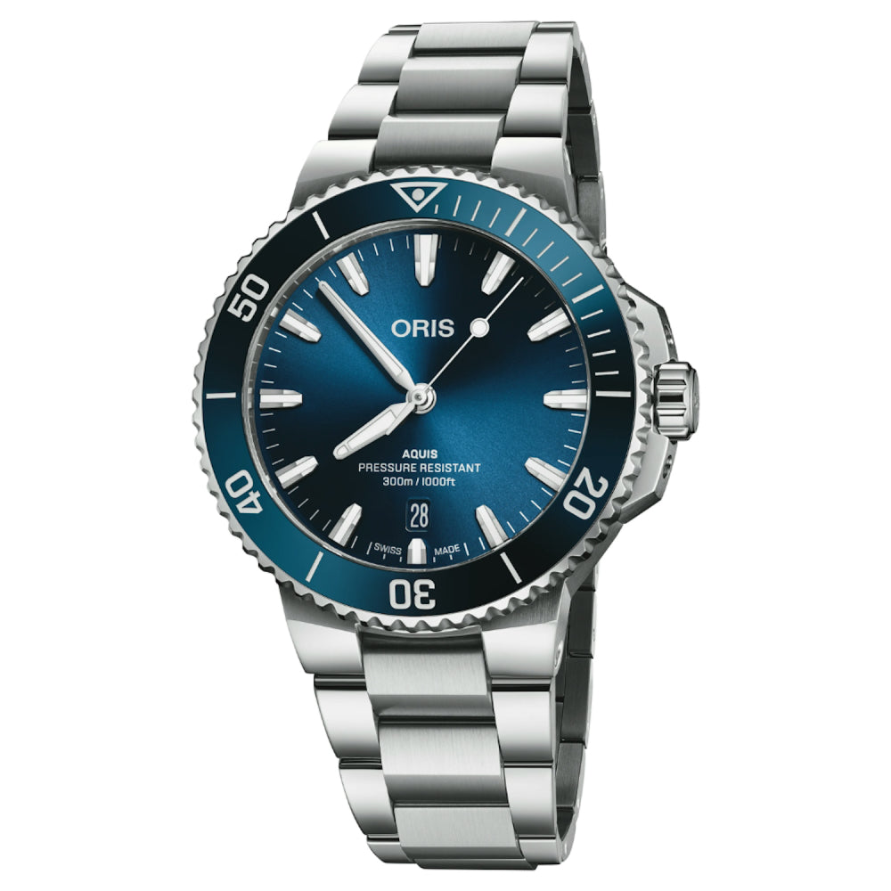 Oris watch with blue dial and silver metal bracelet on a white background