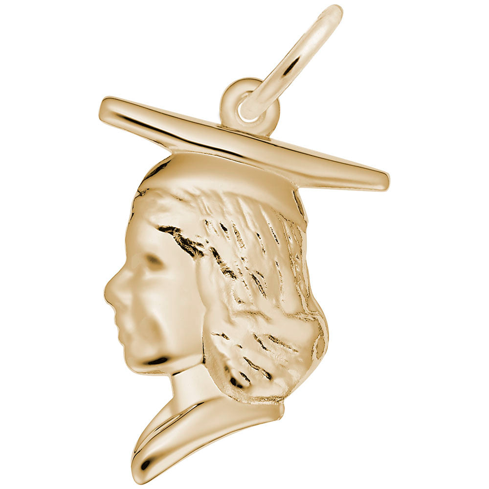 Gold girl with a graduation hat charm on a white background