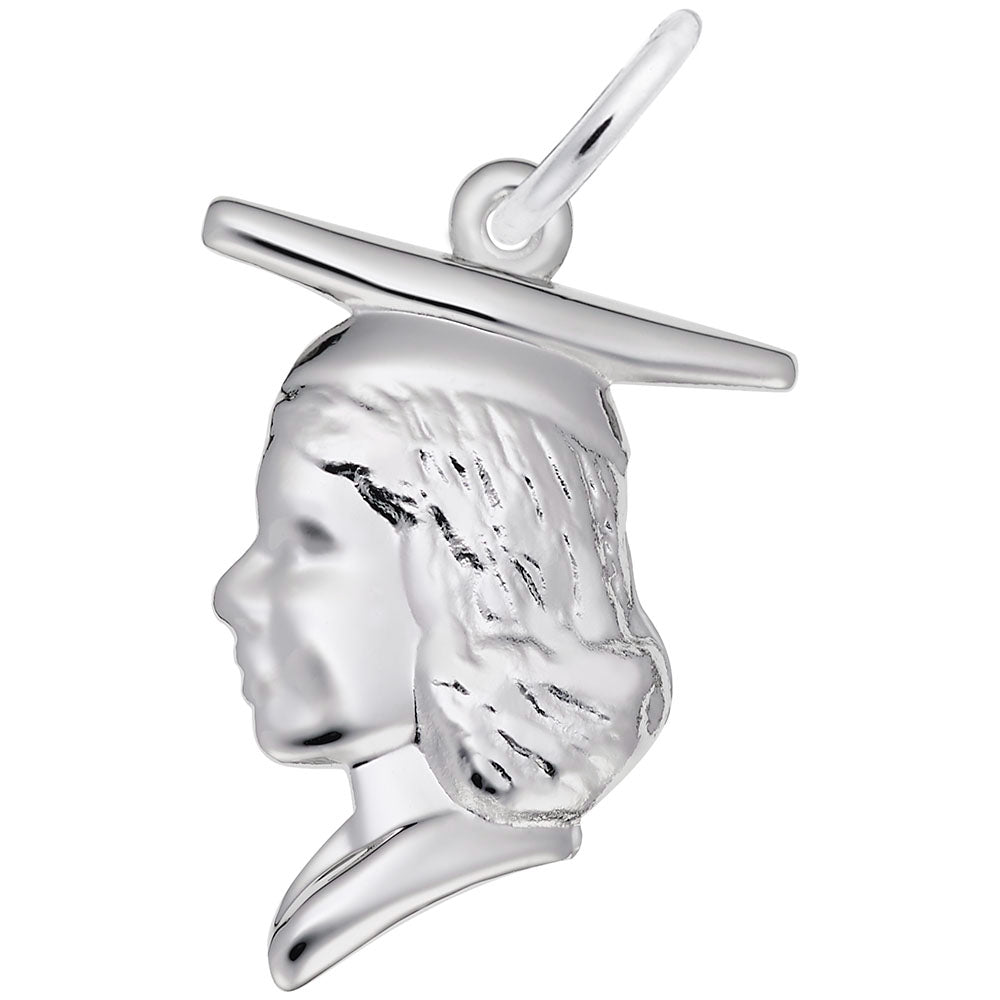 Silver girl with a graduation hat charm on a white background