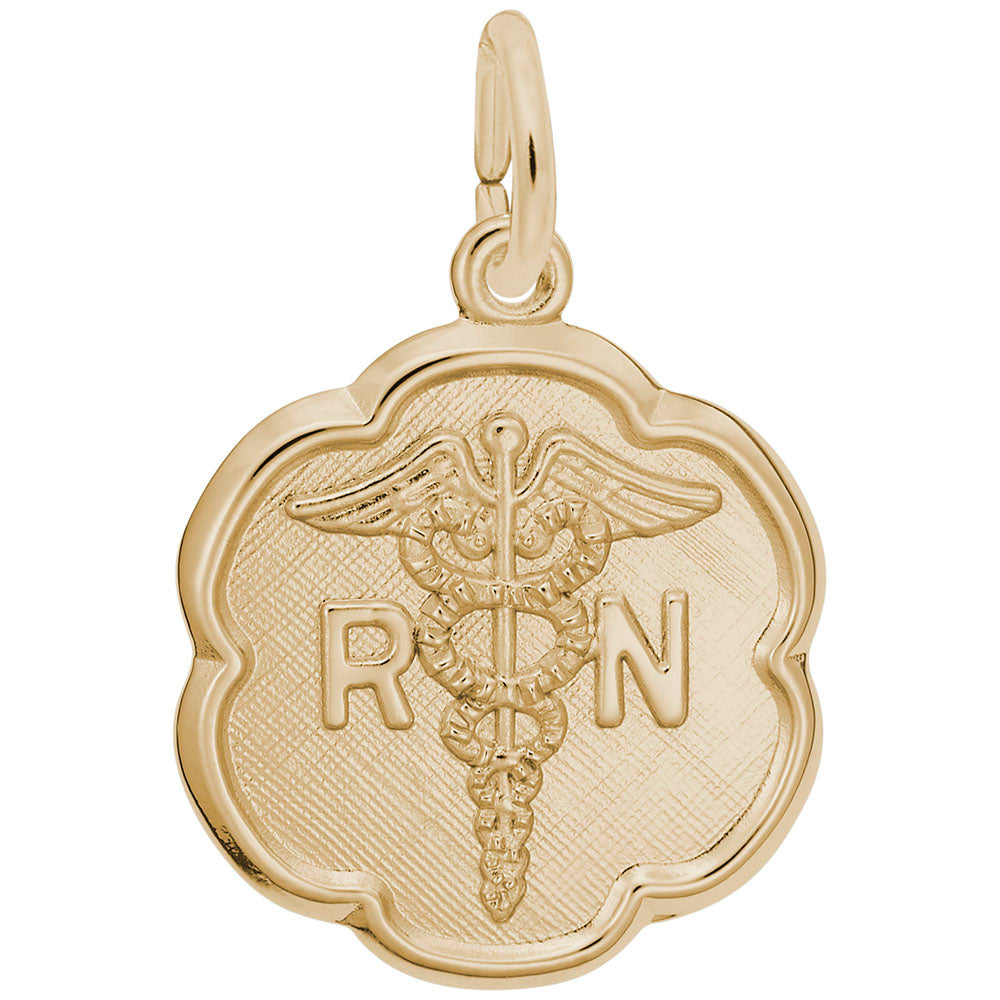 Gold charm with RN and caduceus symbol on a white background