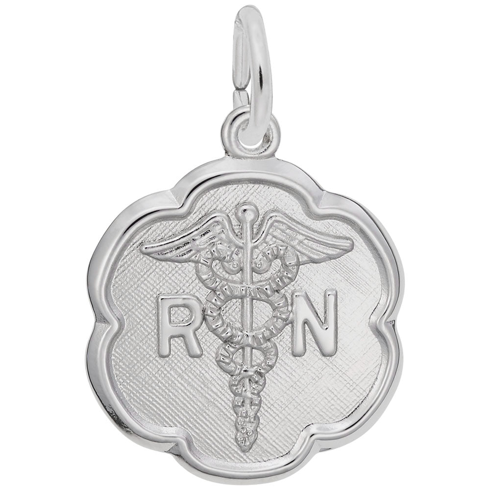 Silver charm with RN and caduceus symbol on a white background