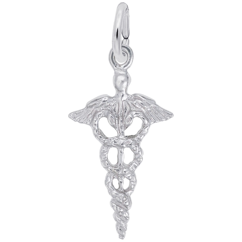 Silver caduceus medical symbol charm on a white background