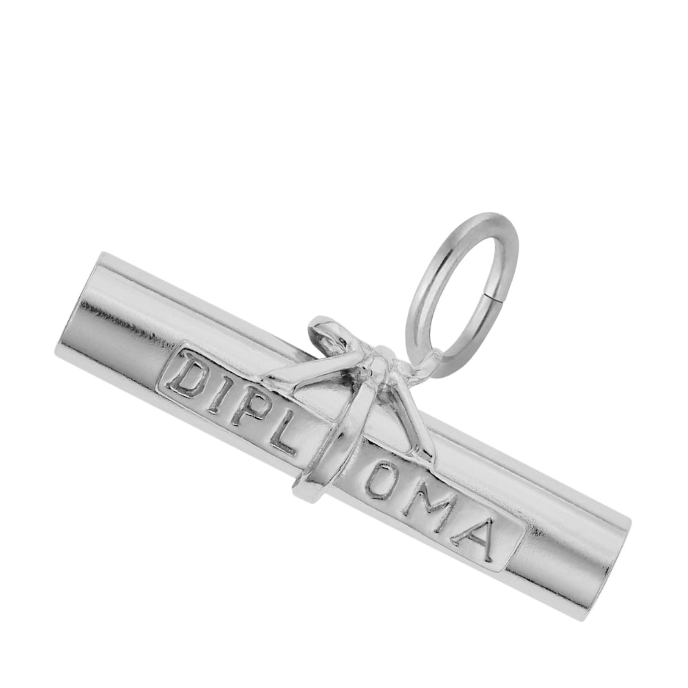 Silver 'DIPLOMA' charm on a white background