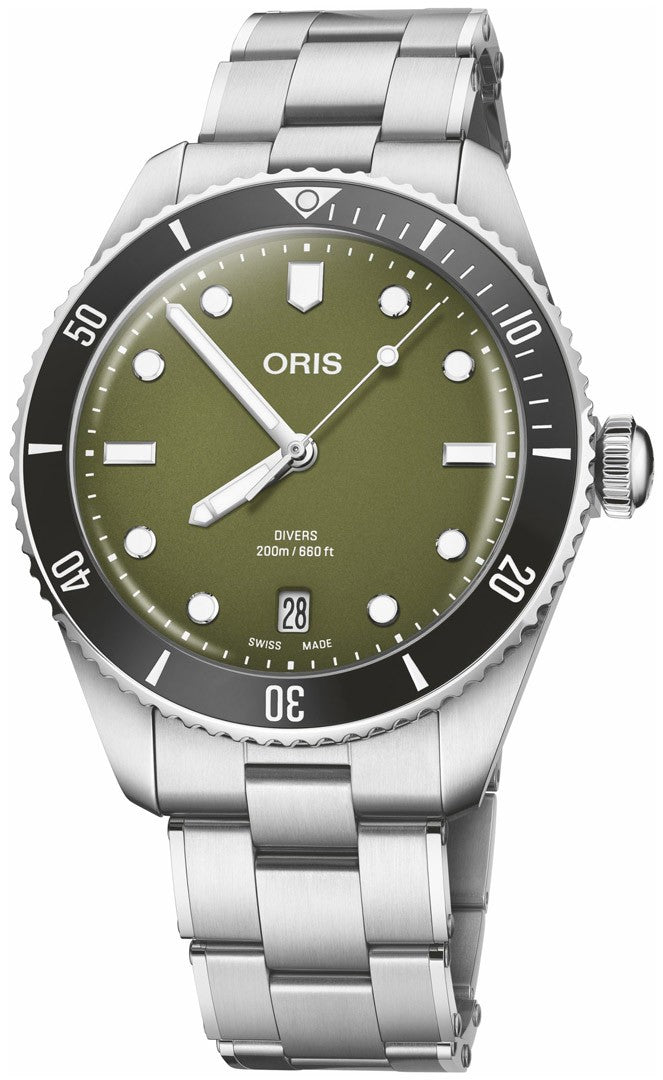 oris watch with green dial and silver tone band on a white background