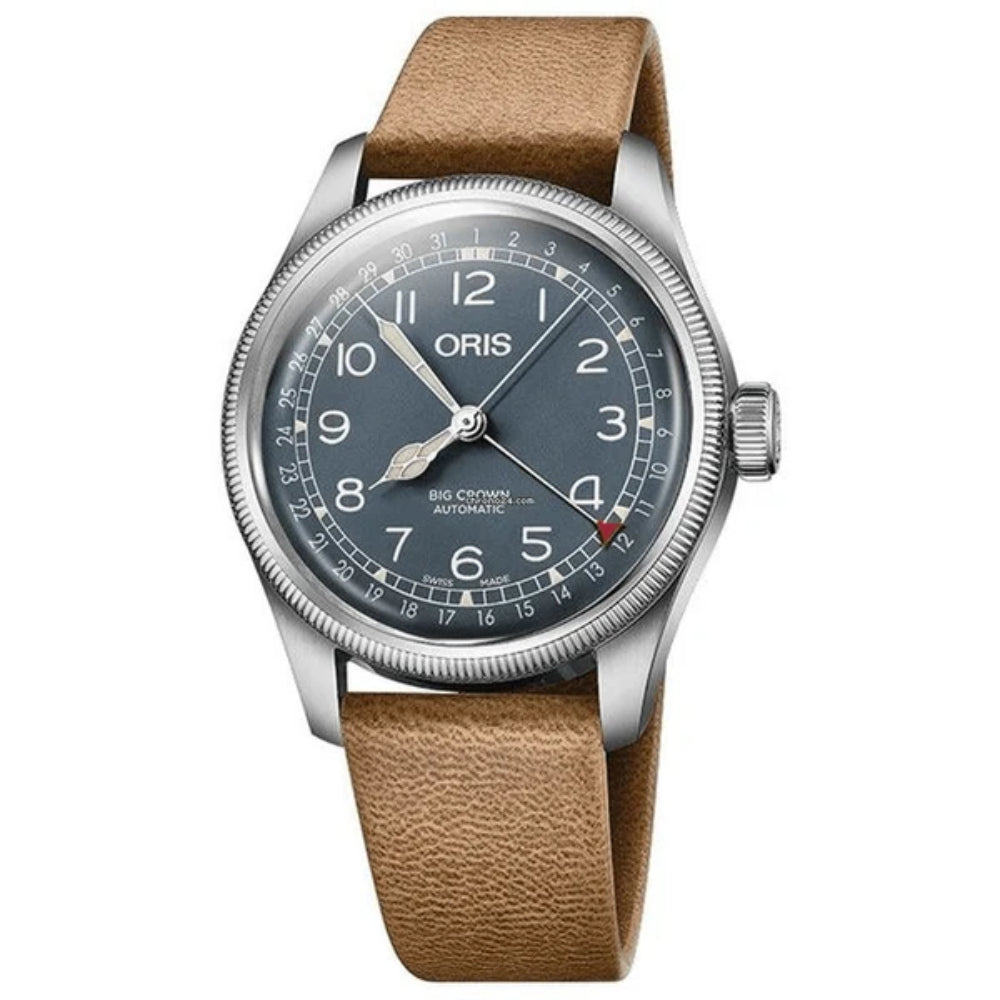 Oris watch with brown leather strap on white background