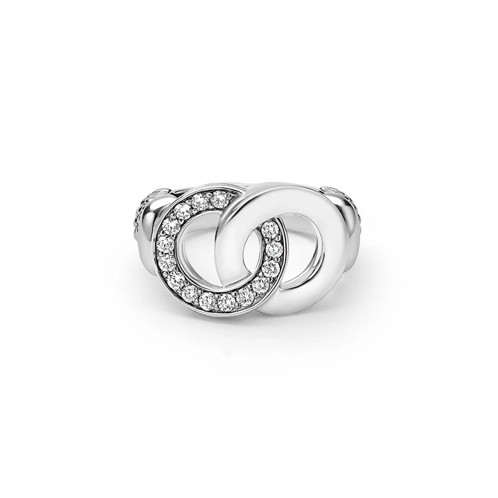 Circle of pave diamonds interlock with silver circle band 