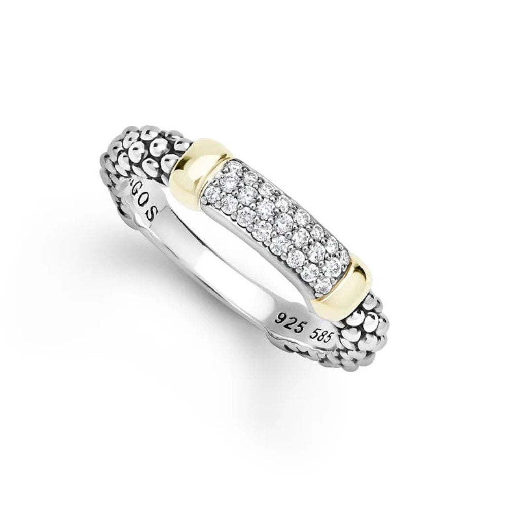 Sterlin silver and yellow gold ring with a textured silver band, a central  rectangular pavé diamond bar set in gold, and a smooth inner band