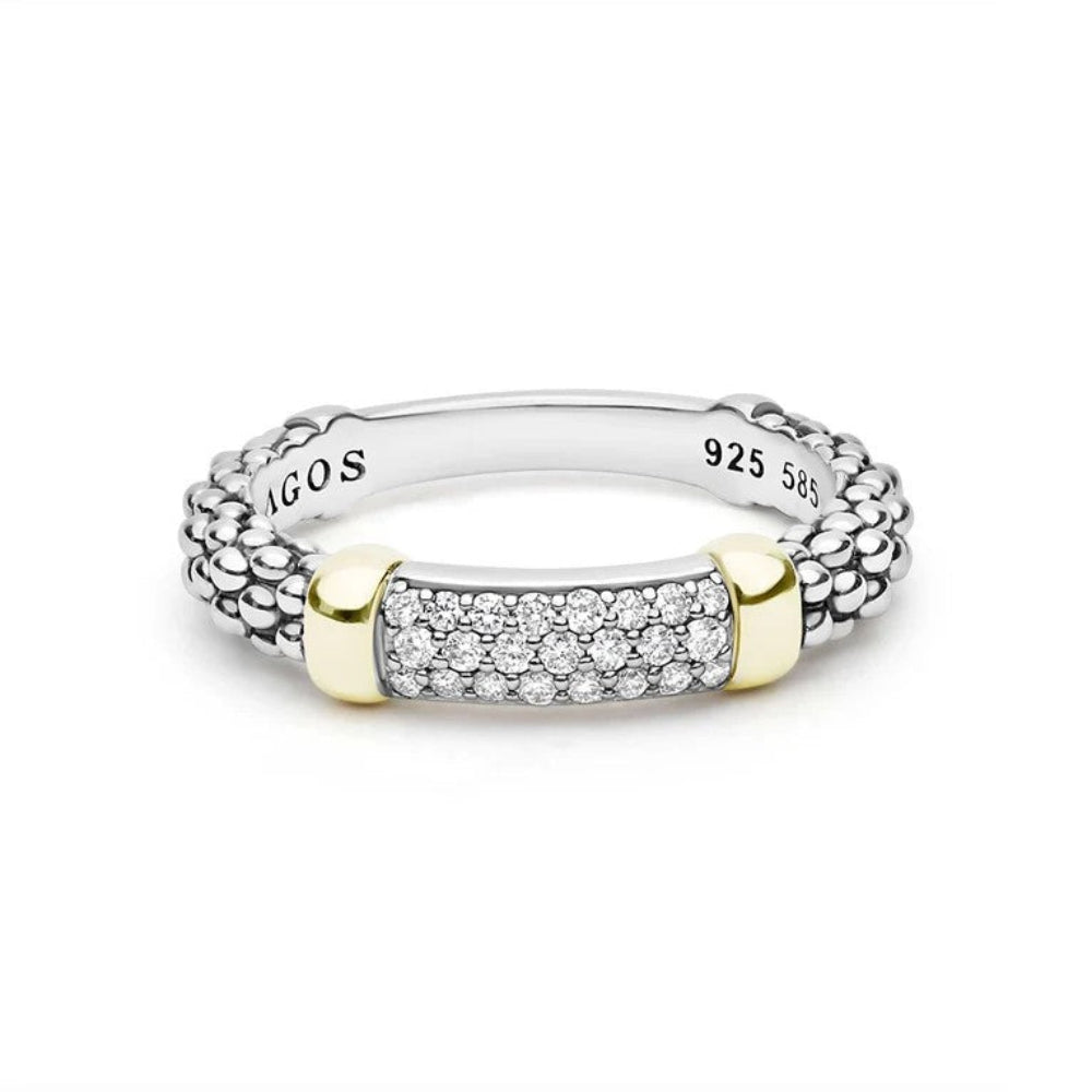 Sterlin silver and yellow gold ring with a textured silver band, a central  rectangular pavé diamond bar set in gold, and a smooth inner band
