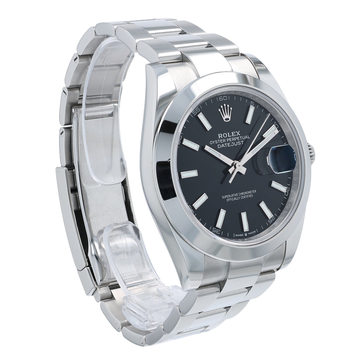 Angle of a silver Rolex watch with a black dial on a white background