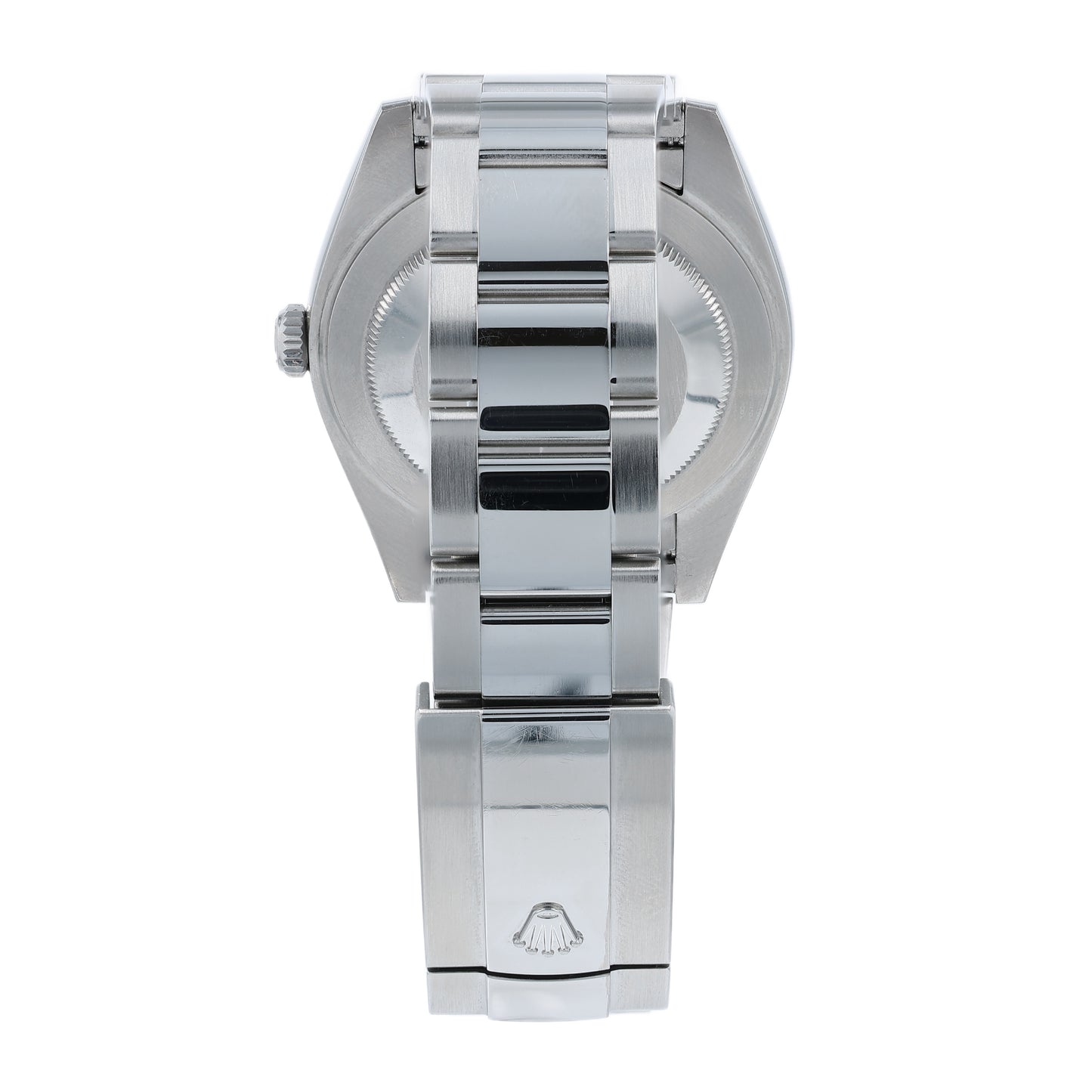 Back angle of a silver Rolex watch on a white background