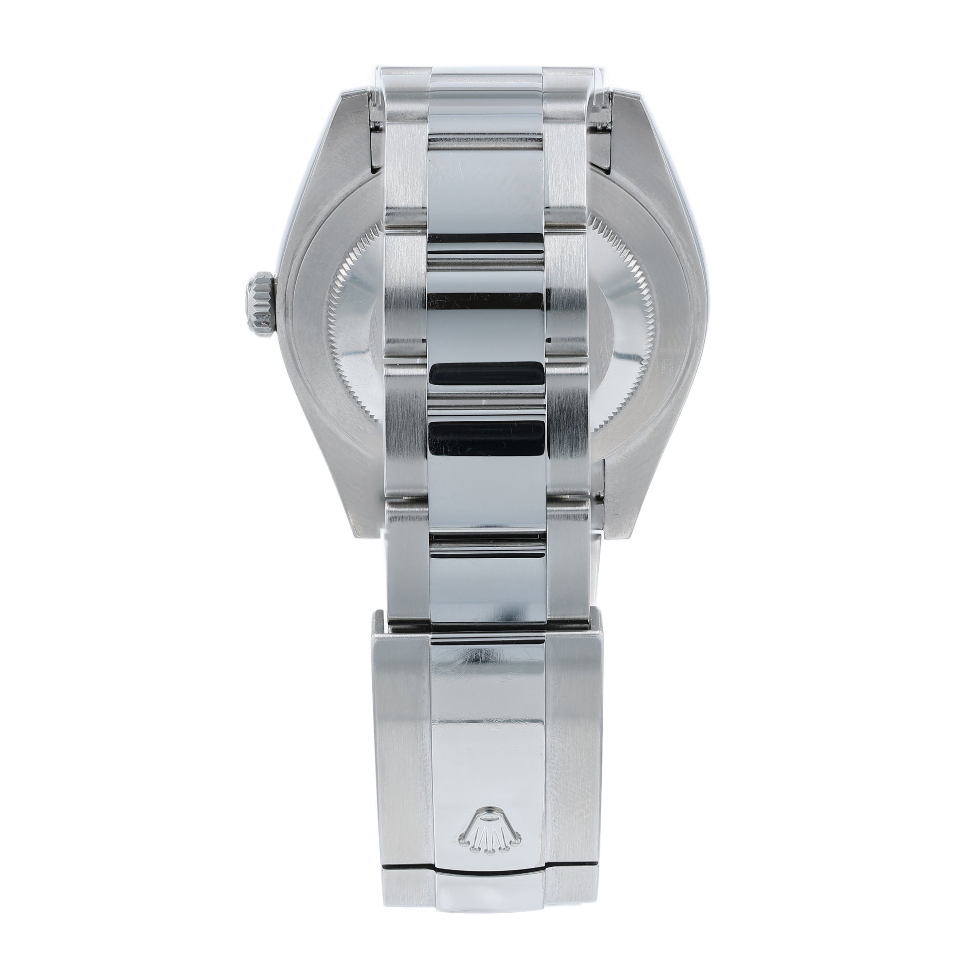 Back angle of a silver Rolex watch on a white background