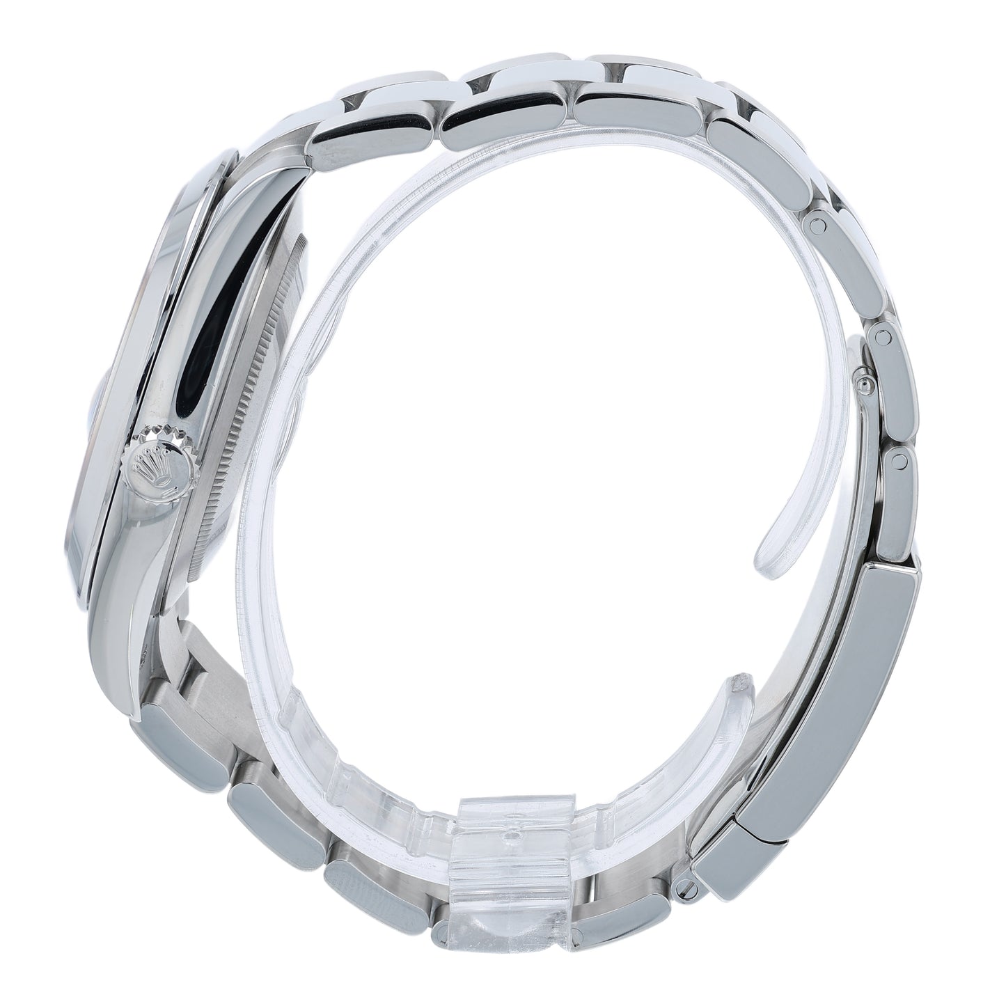 Side profile of a silver Rolex watch on a white background