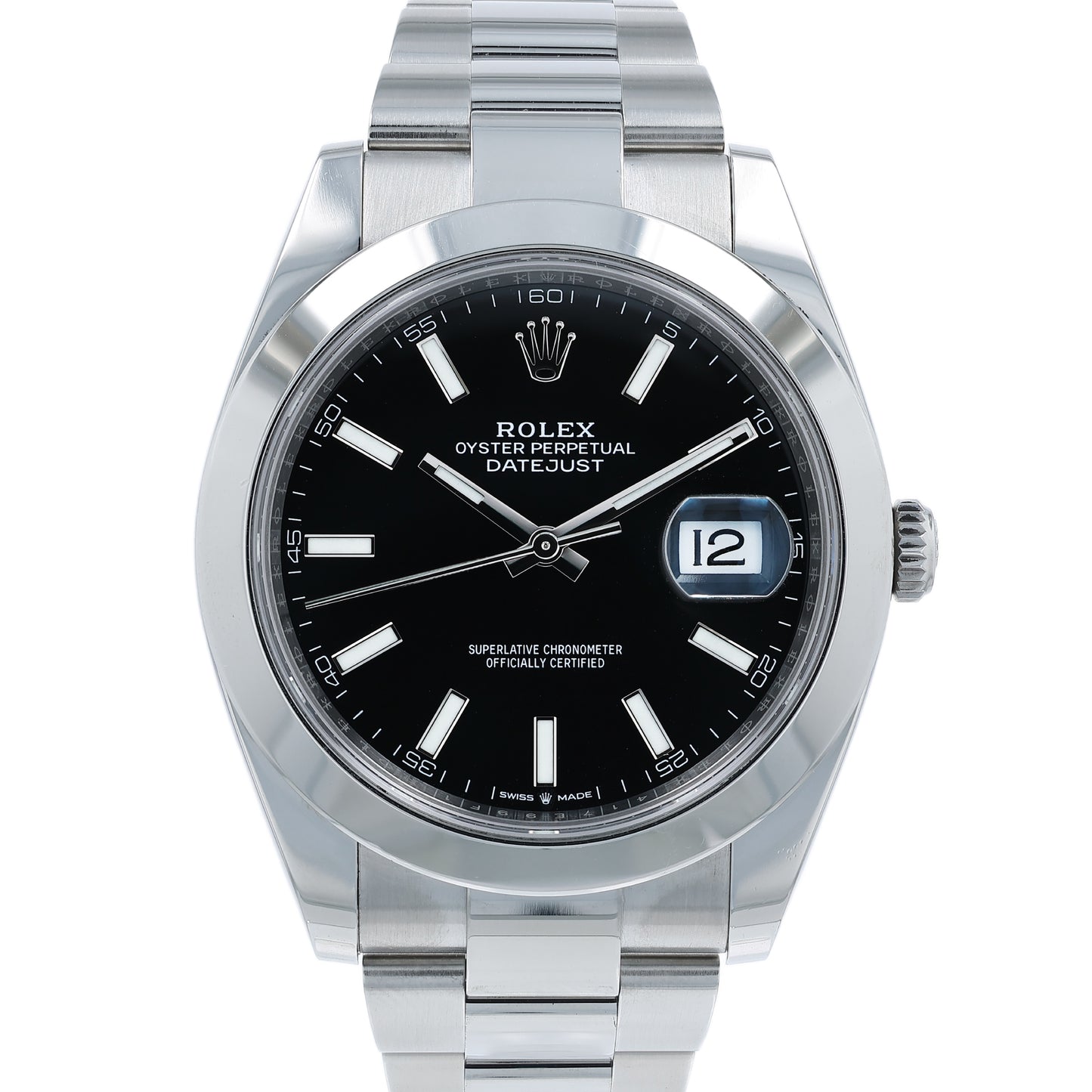 Silver Rolex watch with a black dial on a white background